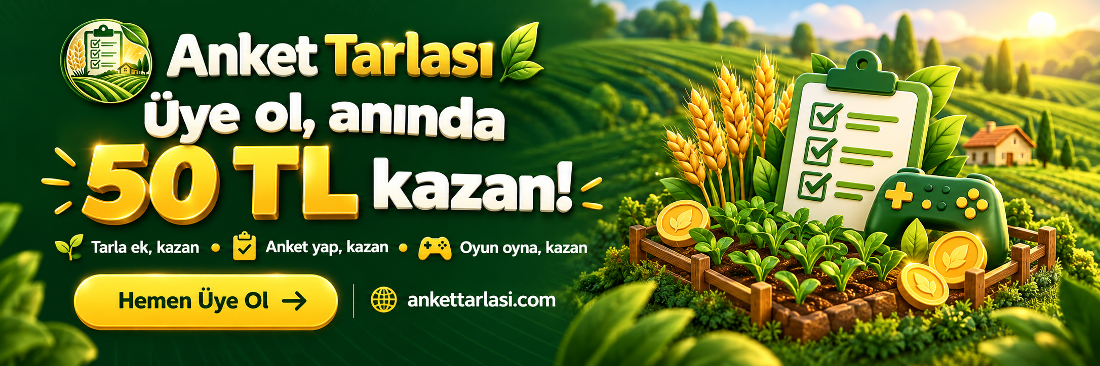 Anket Tarlası: Üye ol, anında 50 TL kazan. Tarla ek, anket yap, oyun oyna. Hemen üye ol.